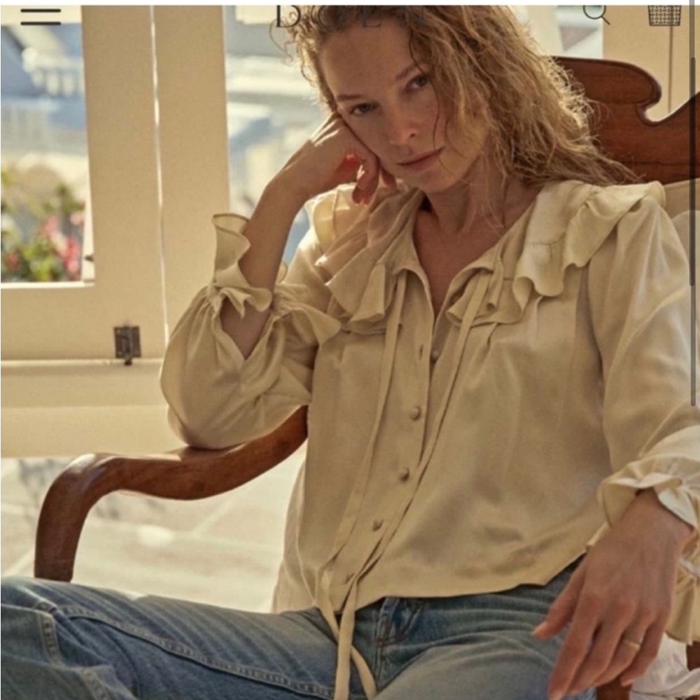 Doen Cream Ruffled Silk Button-Down Blouse - Picture 6 of 10